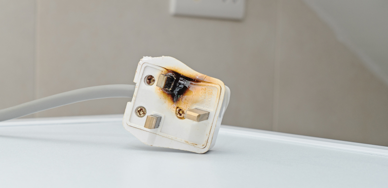 A burned electrical plug, symbolizing defective product cases.