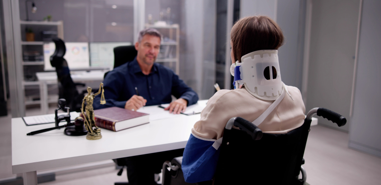 An injured person wearing a neckbrace sitting across an attorney, depicting general personal injury law.